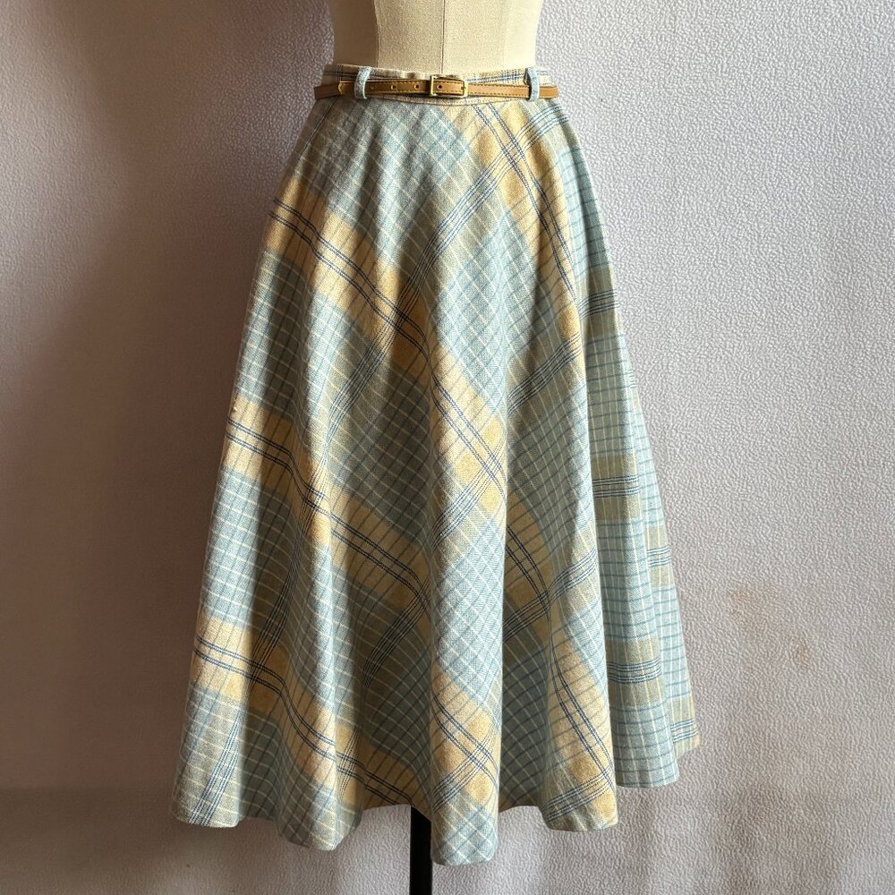 1970s Blue Plaid Flared Skirt - Picture 1 of 7